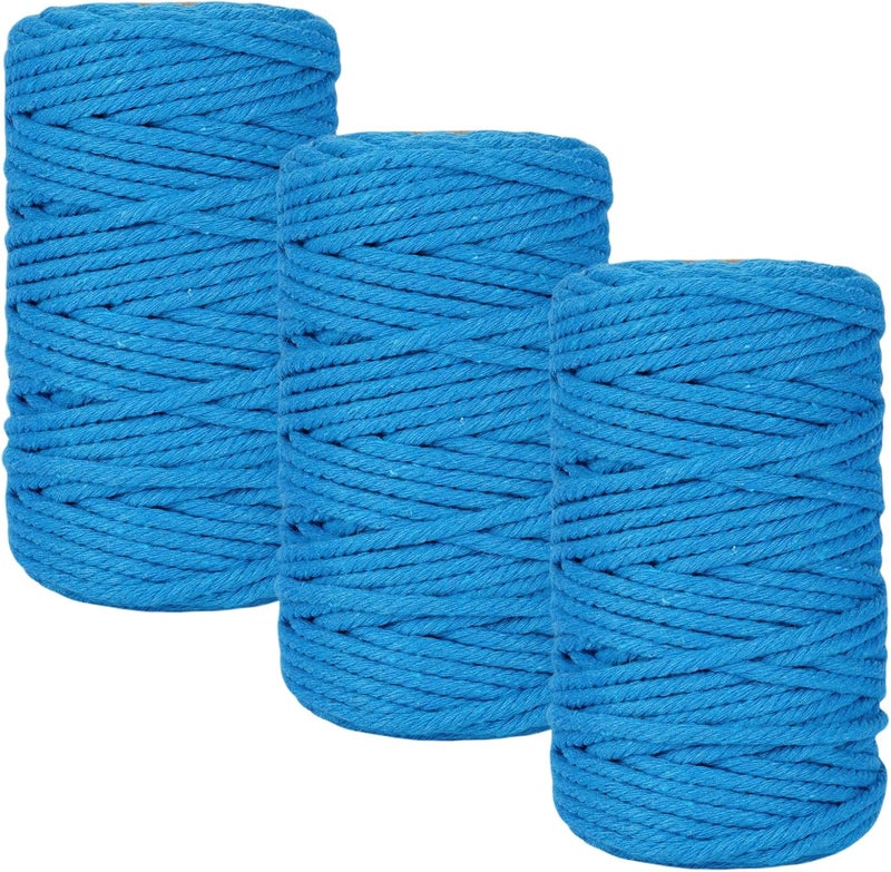 PHUNTTEK Macrame Cord 3mm x 164 Yards, 3 Rolls Blue Colored Macrame Cotton Cord Rope Kit Macrame Yarns Bulk String 4 Strands Twisted for Wall Hanger Plant Hanging DIY Crafts Knitting Macrame Supplies - Image 1
